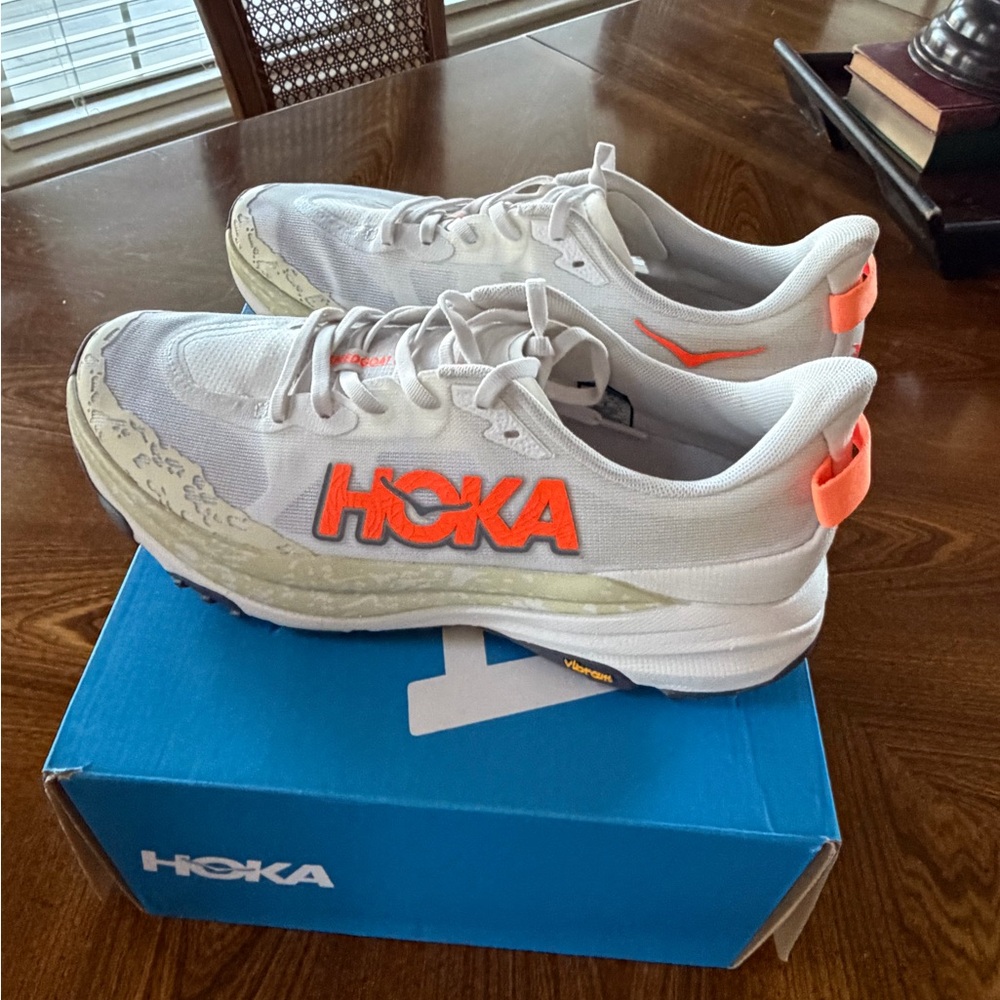 Hoka White Trainers with Bright Coral Logo and Heel Tabs